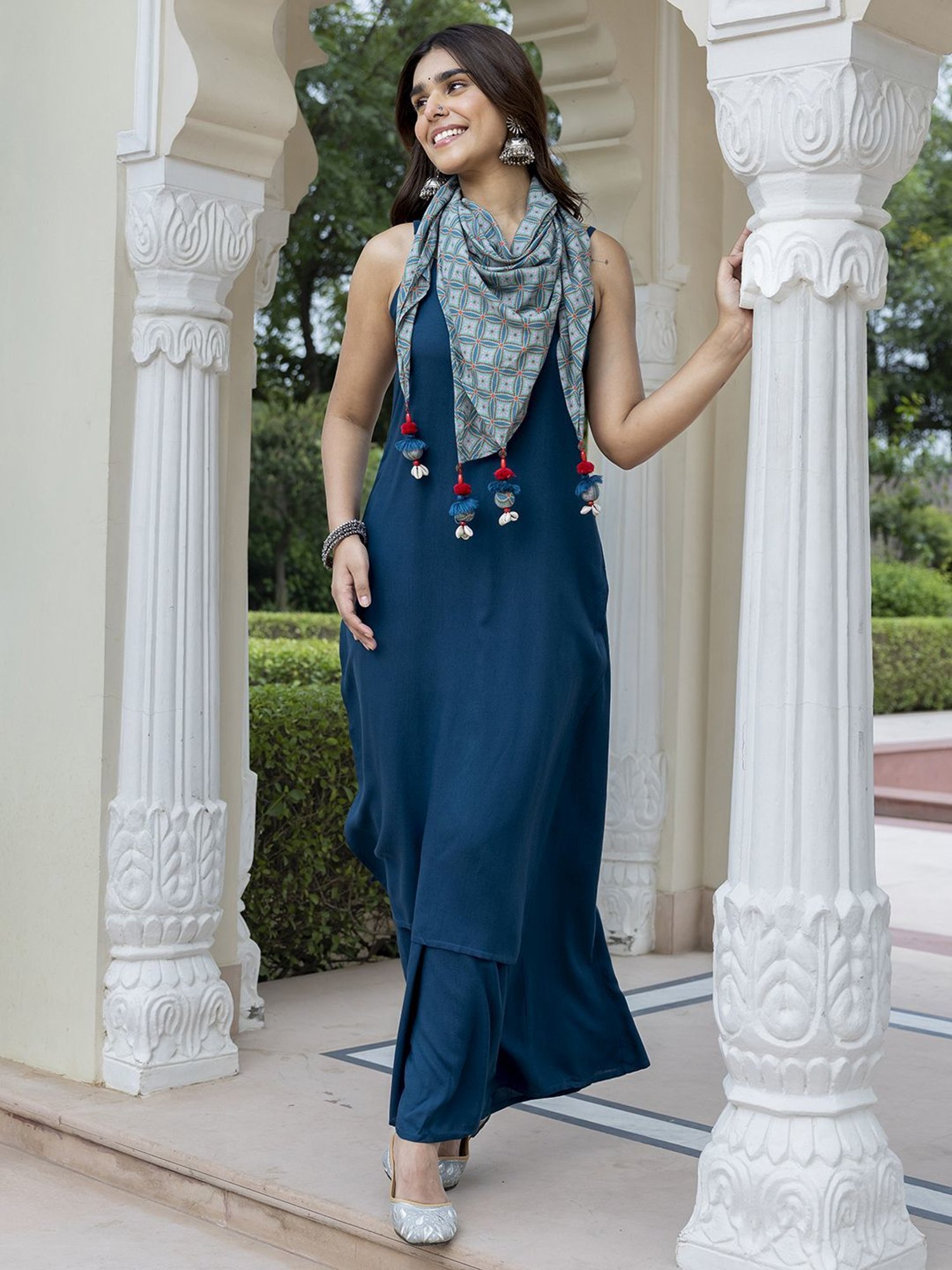 Janasya Blue Kurta Palazzo Set With Scarf