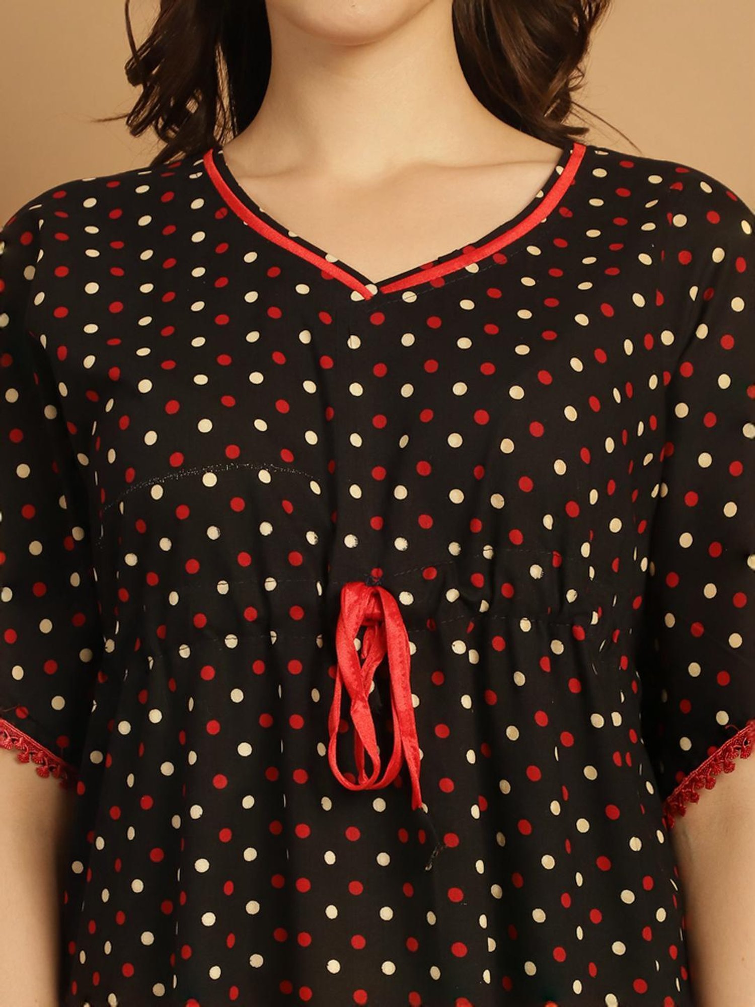 Secret Wish Black Cotton Polka Dots Kaftan