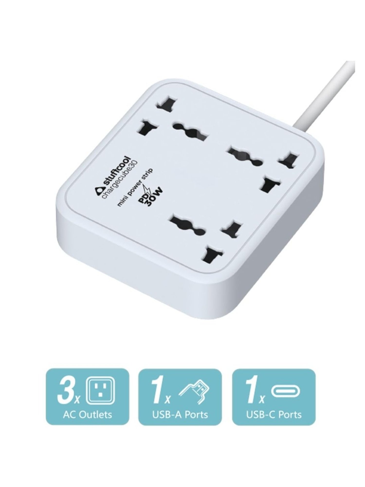 Stuffcool ChargeCube 30 Mini Surge Protector with 3 AC Ports and 30W Dual Port Type C (White)