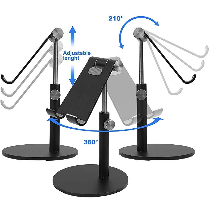 Adjustable Tablet Stand Cell Phone Desk Holder Aluminum Desktop Stand Solid Anti-Slip Portable Universal Holders Compatible with All Mobile Smart Phone Tablet,Black