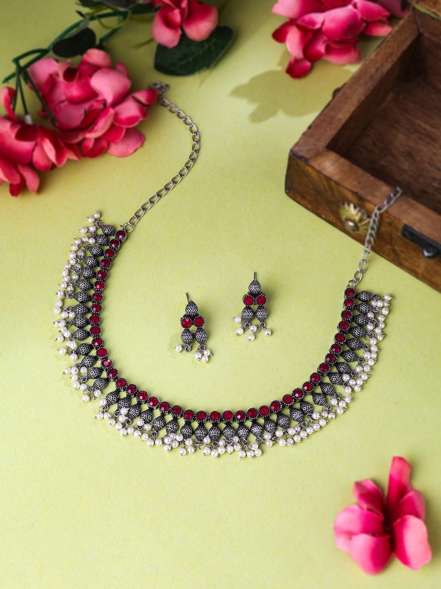NVR Silver-Plated Stone Studded Oxidized Silver Jewellery Set for Women