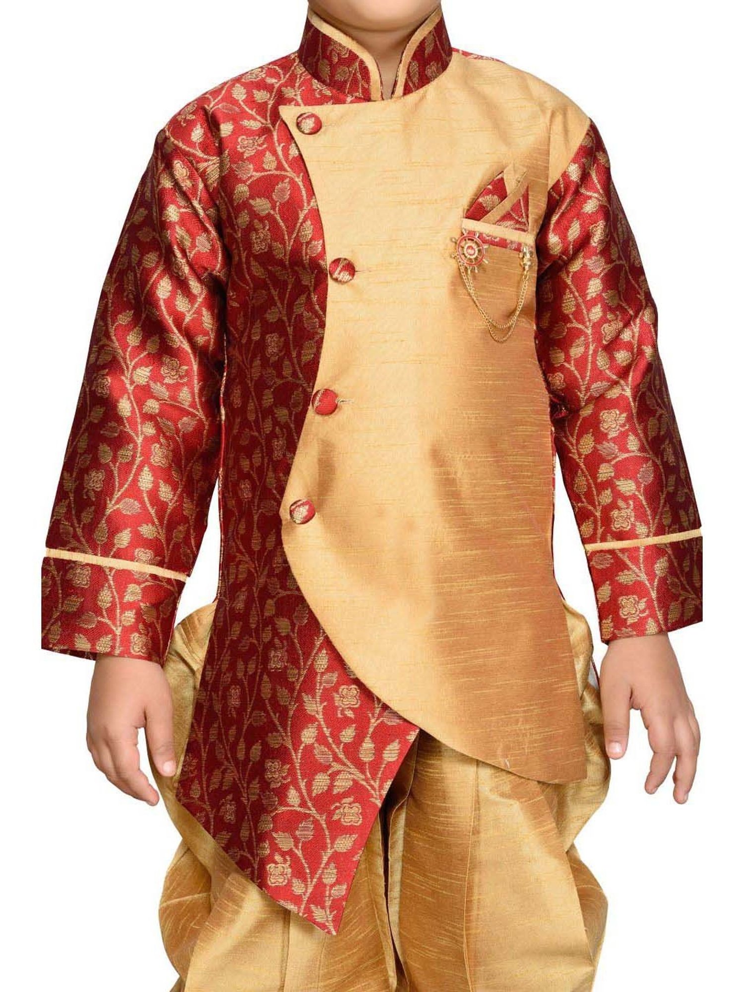 AJ Dezines Kids Maroon & Gold Printed Full Sleeves Sherwani Set