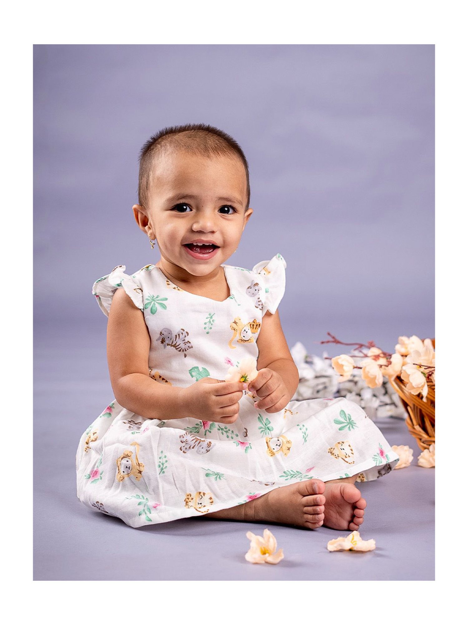 Baby Moo Kids White & Green Printed Dress