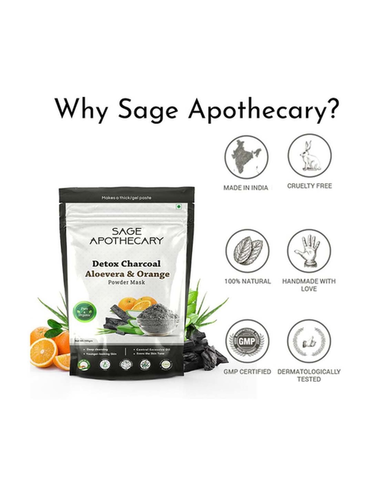 Sage Apothecary Detox Charcoal Aloe Vera & Orange Face Powder Mask - 100 gm