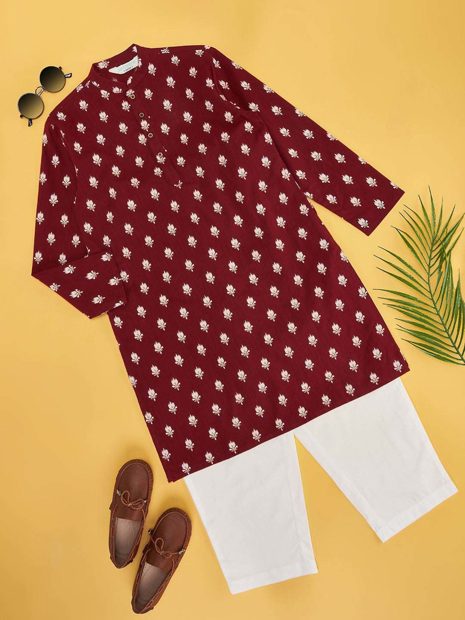 Indus Route by Pantaloons Kids Maroon & White Cotton Floral Print Full Sleeves Kurta Set