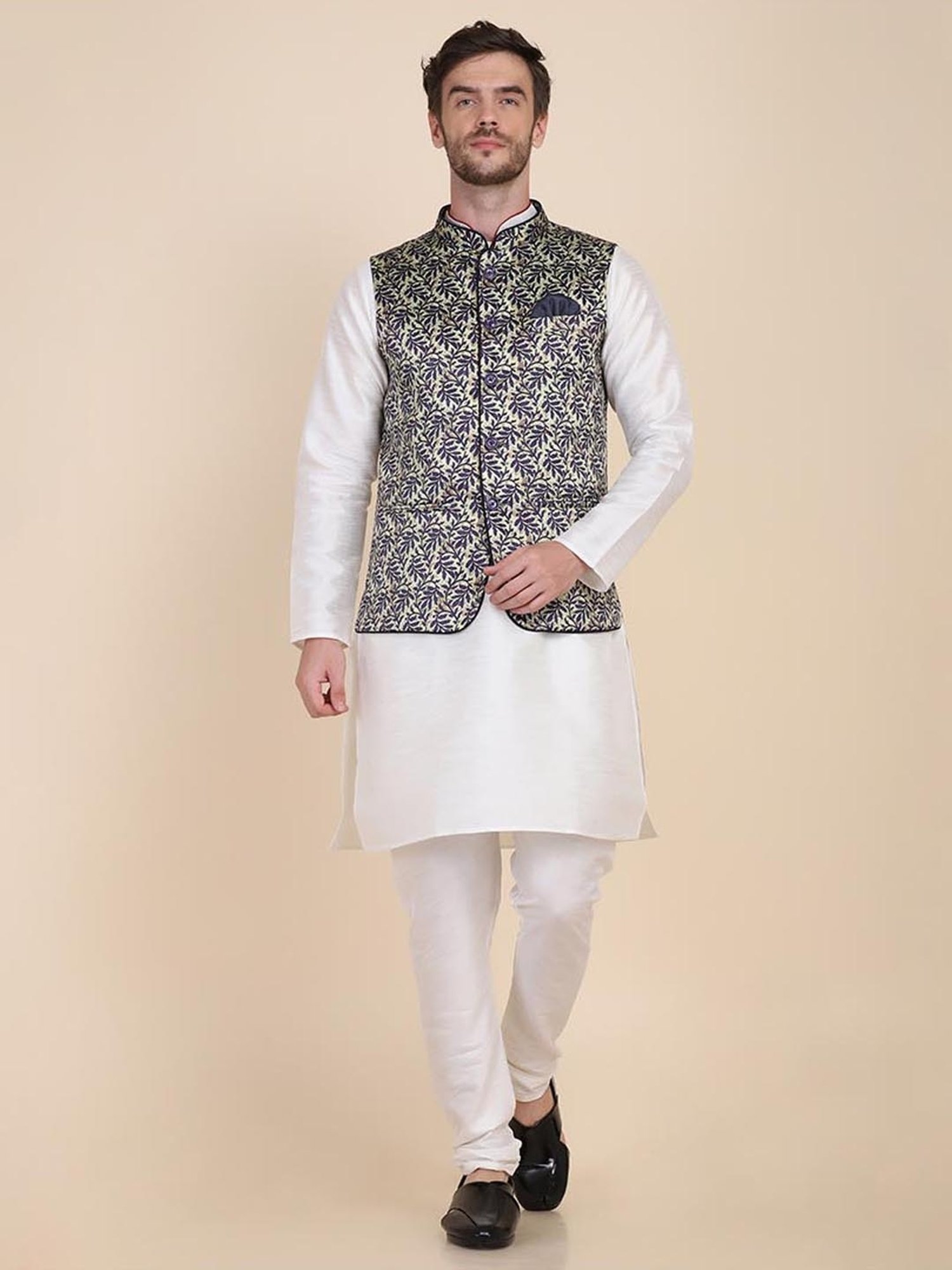 TAHVO Green & Blue Satin Slim Fit Printed Nehru Jacket