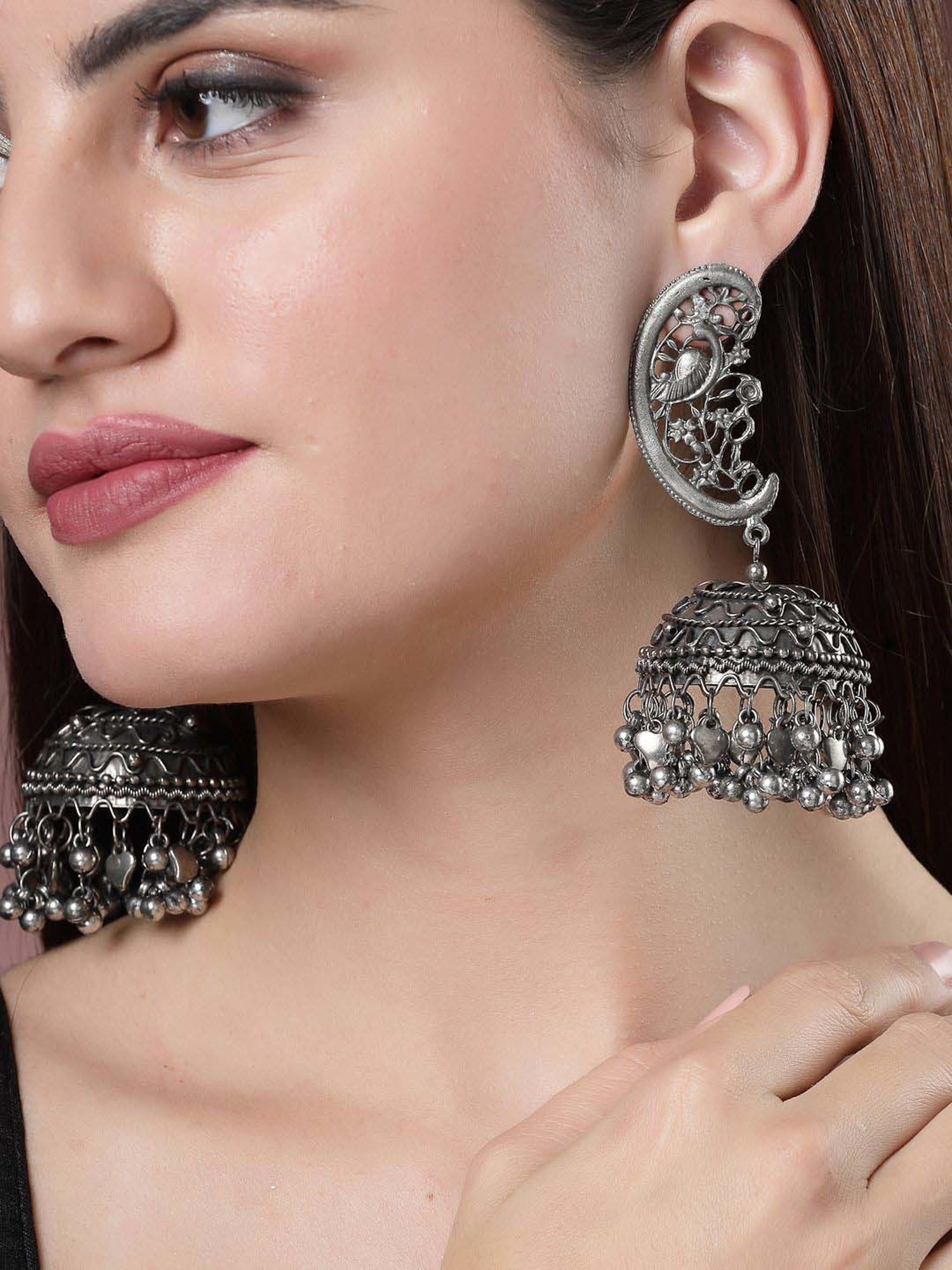 NVR Silver-Plated Oxidized Dome Shaped Jhumki Earrings for Women