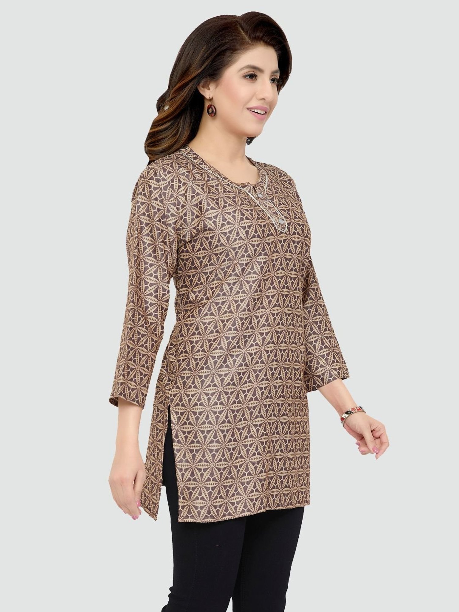 Saree Swarg Beige & Grey Printed Straight Kurti