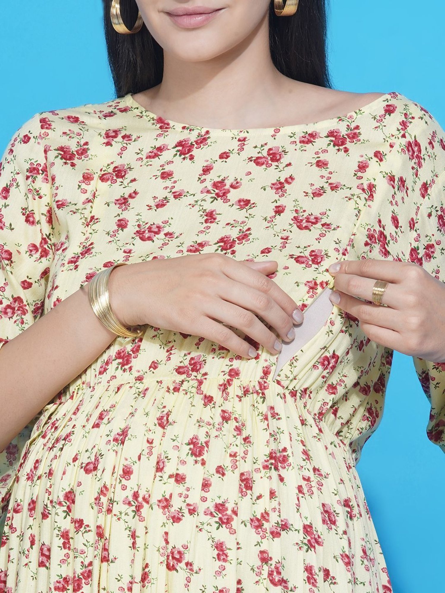 Mine4Nine Yellow & Pink Floral Print Maxi Maternity & Nursing Dress