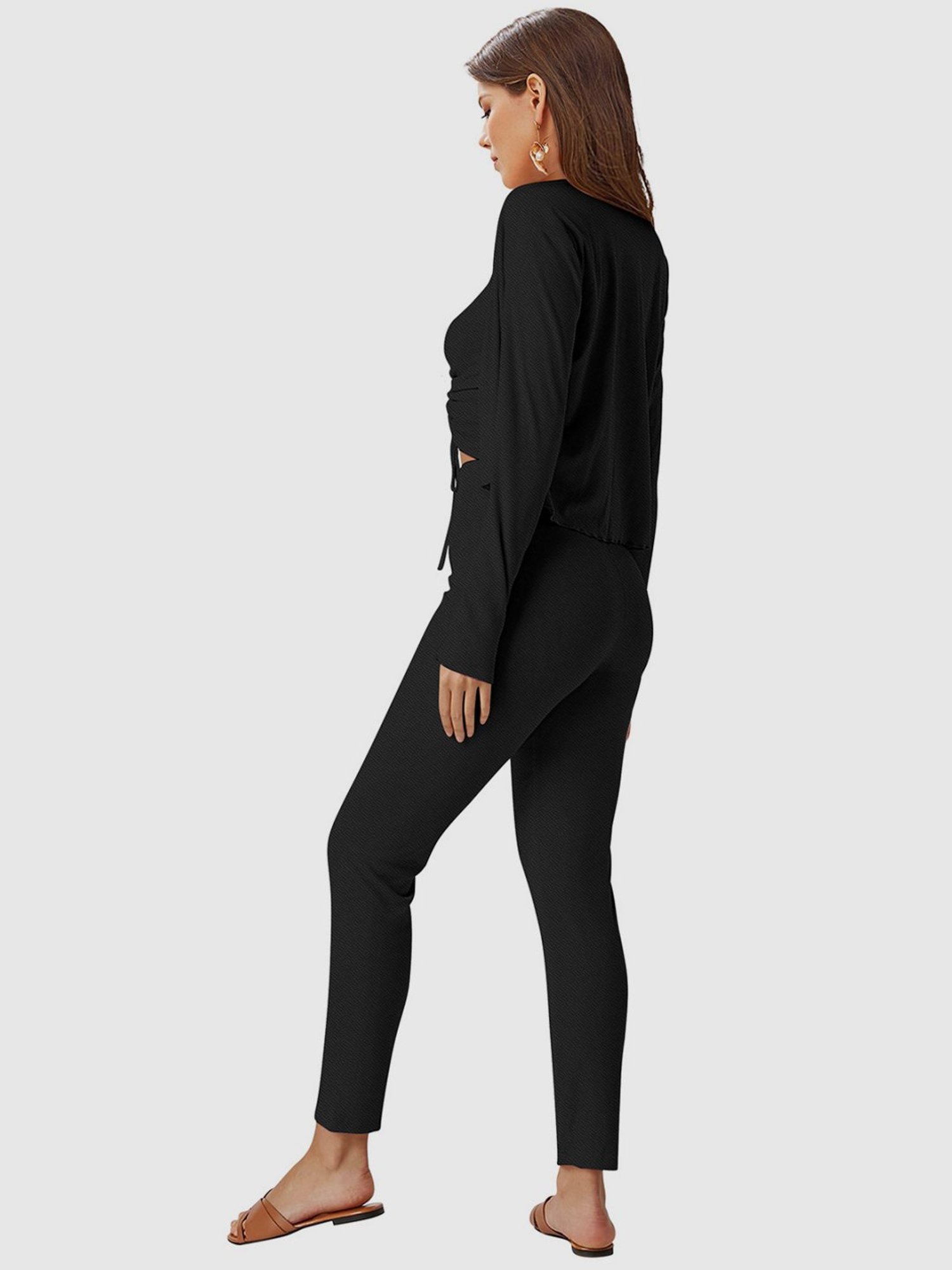 Odette Black Plain Crop Top Pant Set With Jacket