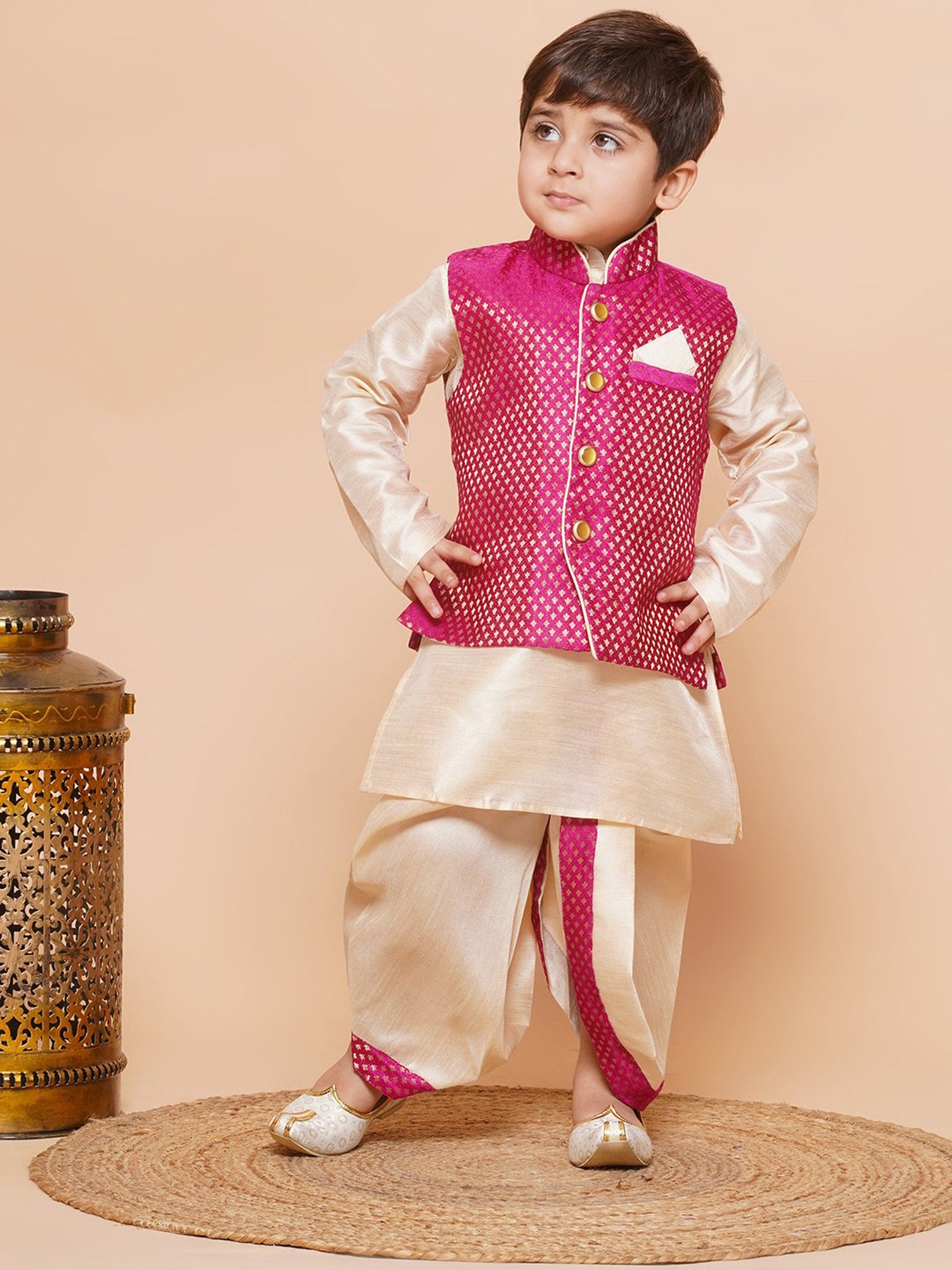 AJ Dezines Kids Beige & Pink Self Design Full Sleeves Kurta, Dhoti with Waistcoat