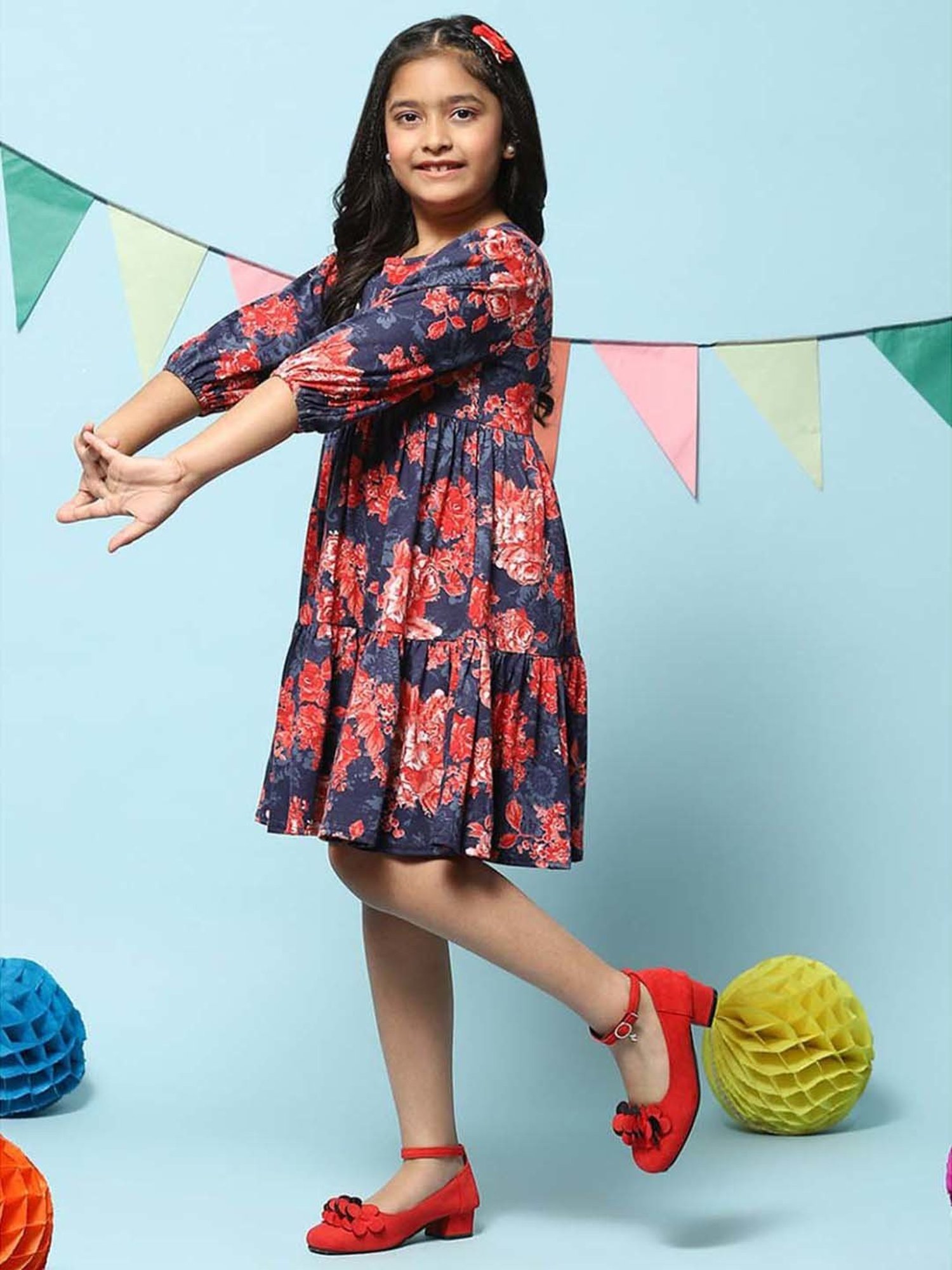 BIBA Girls Kids Blue & Coral Cotton Printed Dress