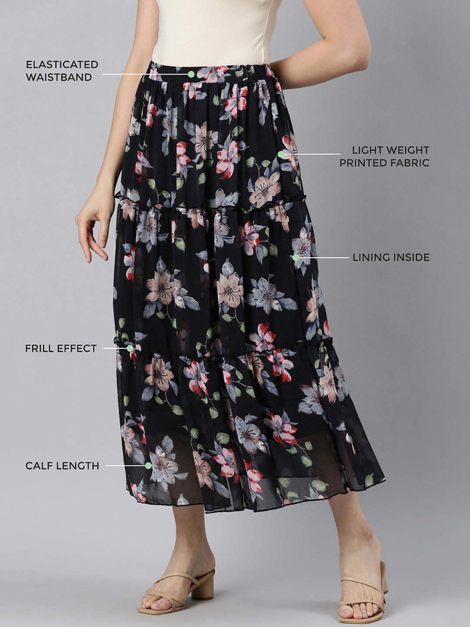 TWIN BIRDS Black Floral Print A-Line Skirt