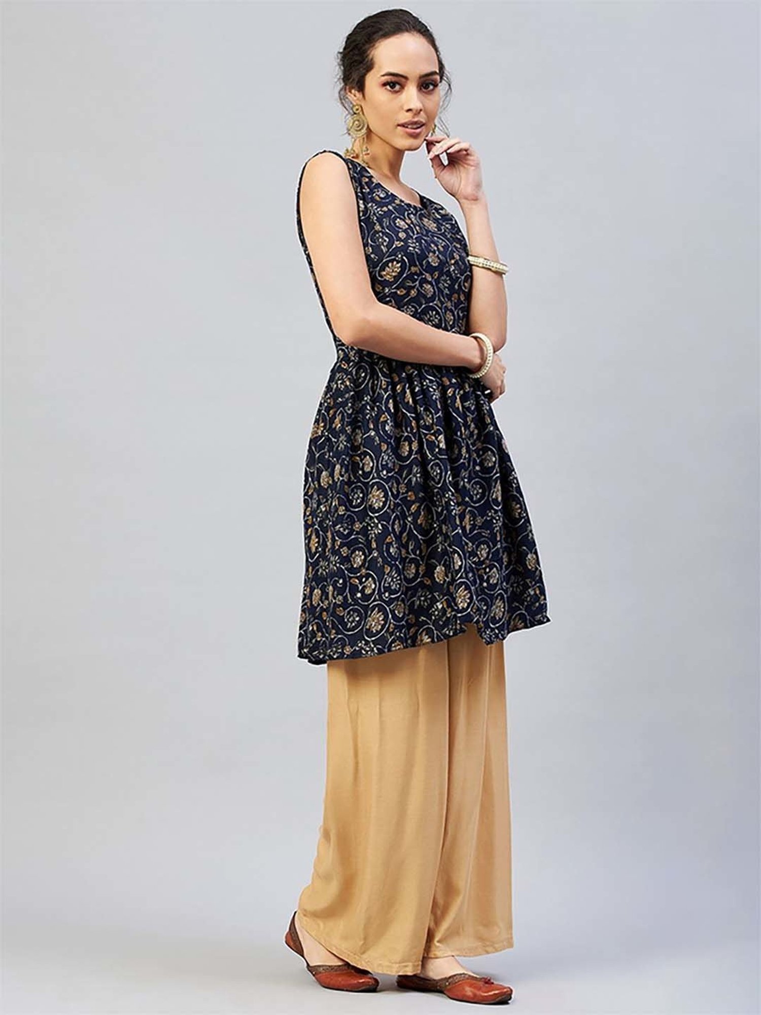 Inweave Blue Floral Print A Line Kurti