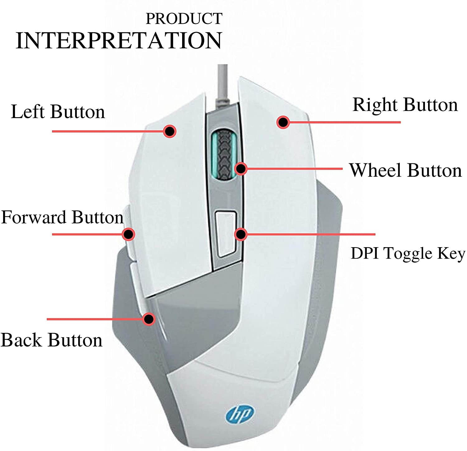 HP Gaming Mouse Wired Ergonomic Game USB Computer Mice LED Lighting Up to 4000 DPI Programmable Comfortable Grip 6 Buttons [G200] White