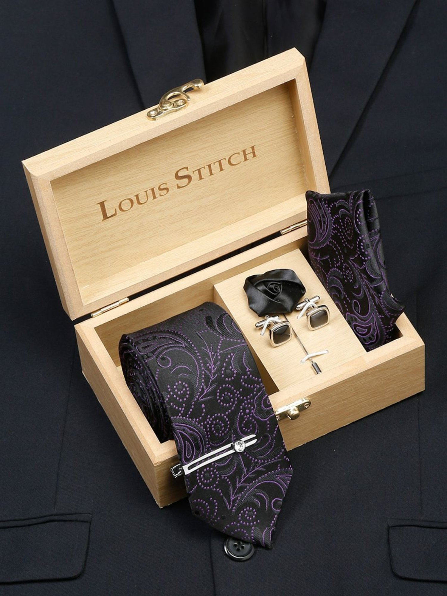 Louis Stitch Black Embroidered Necktie Gift Set - Set of 5