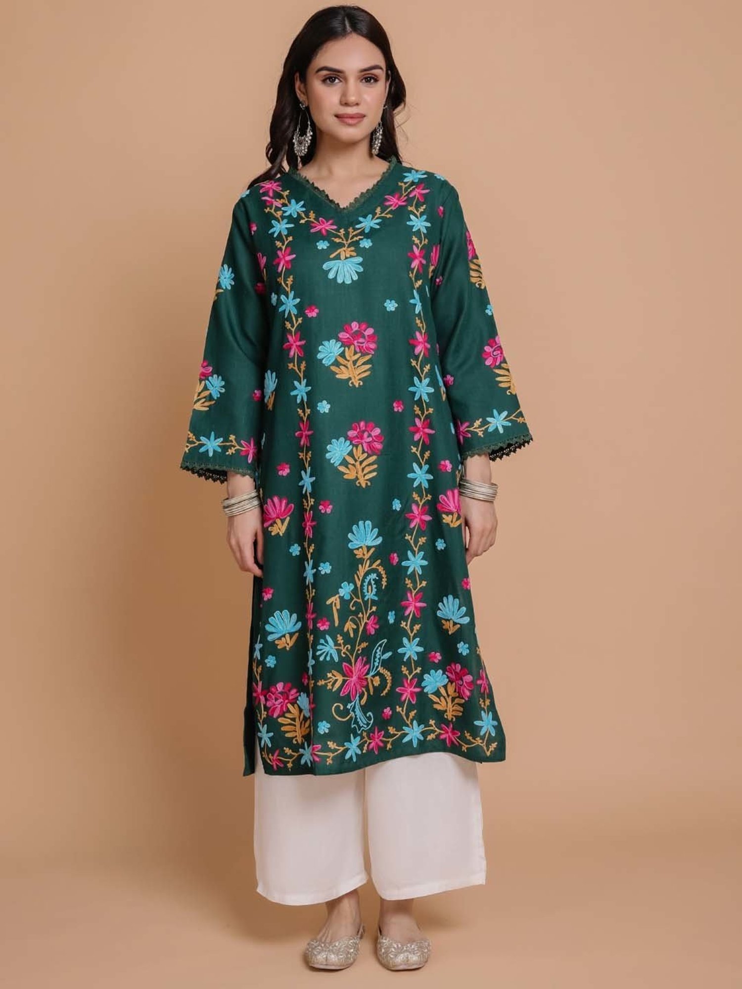 House of Kari Falak Kashmiri Long Kurta  Green