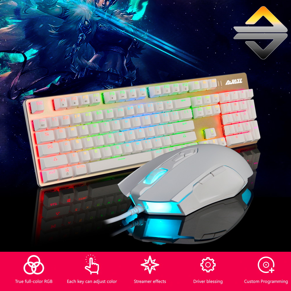 AJAZZ USB Mechanical Keyboard 104Keys RGB Lights Gaming Wired 2400DPI 7 Buttons Mouse for PC Notebook Laptop Desktop Overwatch
