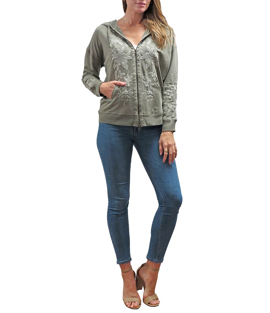 Karyn Seo Nyla Zip Front V-Neck Long Sleeve Embroidered Hoodie