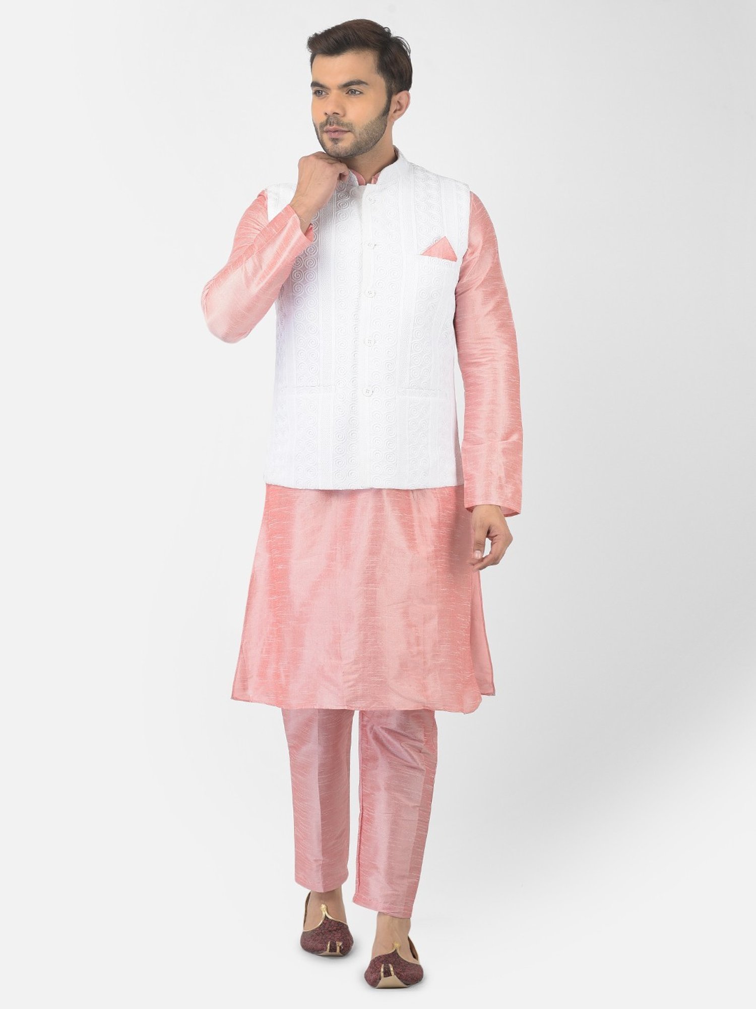 Deyann Pink & White Regular Fit Embroidered Kurta Set With Jacket