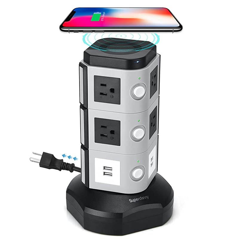 Power Strip Tower with 10W Wireless Charger Surge Protector Tower 3000W 13A with 10 Outlet + 4 USB Ports and 65ft Retractable Cable Desktop Charging Station for Home Office Dorm