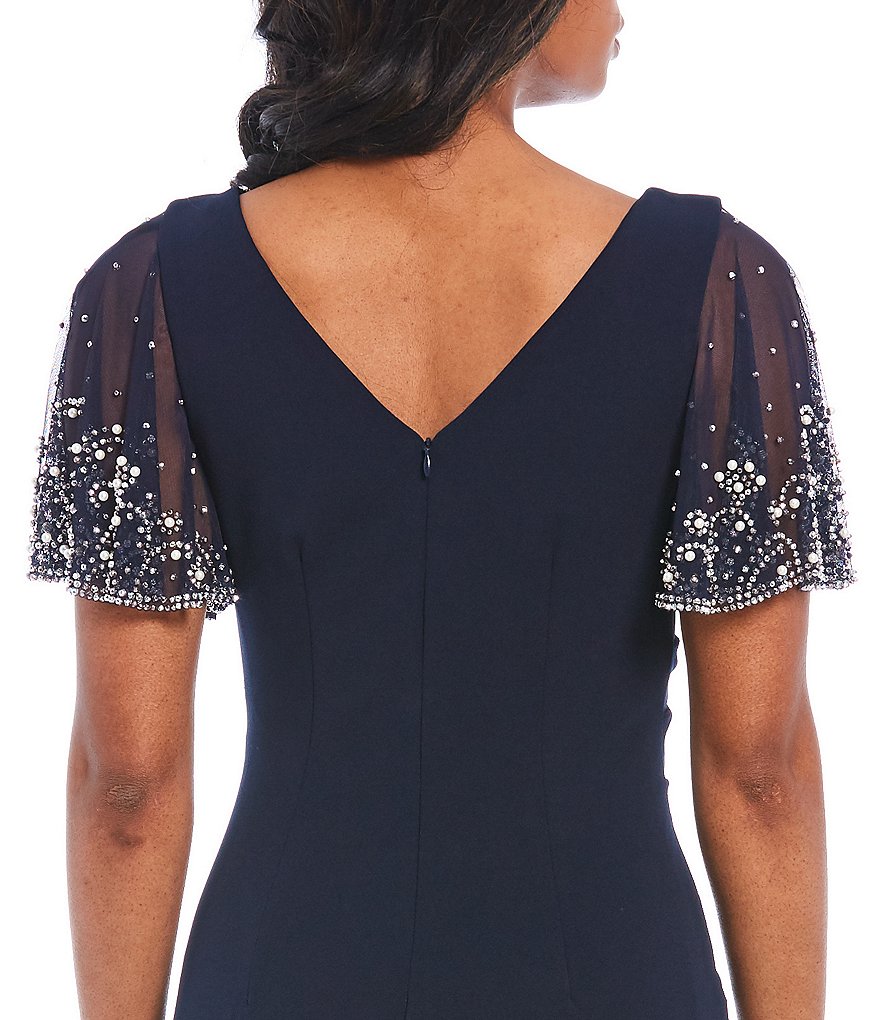 Betsy & Adam Beaded Flutter Short Sleeve V-Neck Scuba Crepe Sheath Dress