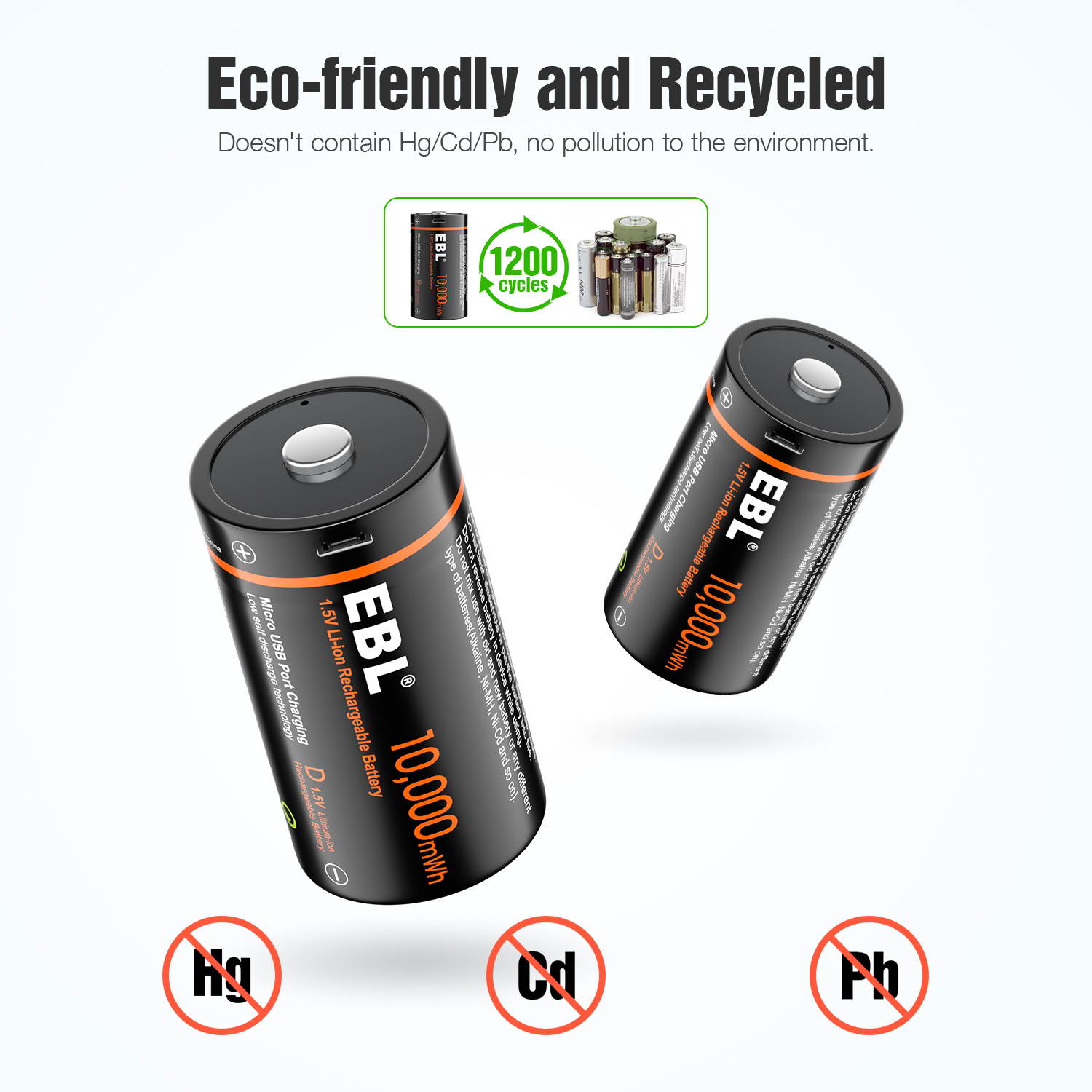 EBL USB Rechargeable D Batteries 10000mWh 1.5V Long Lasting D Cell Li-ion Battery for Flashlights, Baby Monitor (8 Pack)