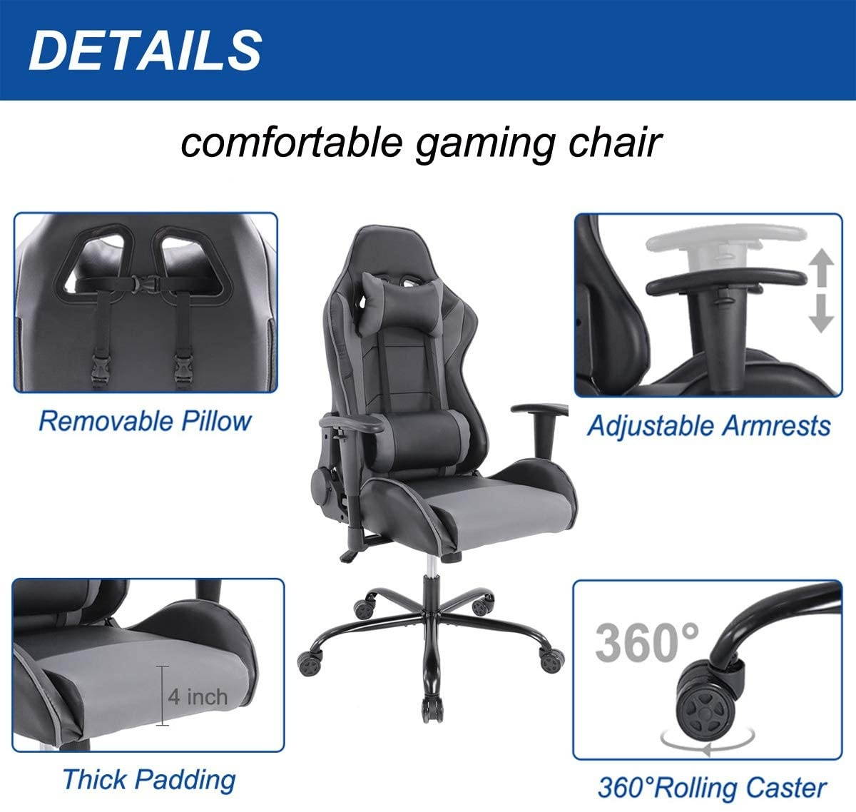 Milemont Gaming Chair Racing Style Ergonomic High Back Computer Chair with Height Adjustment, Headrest and Lumbar Support