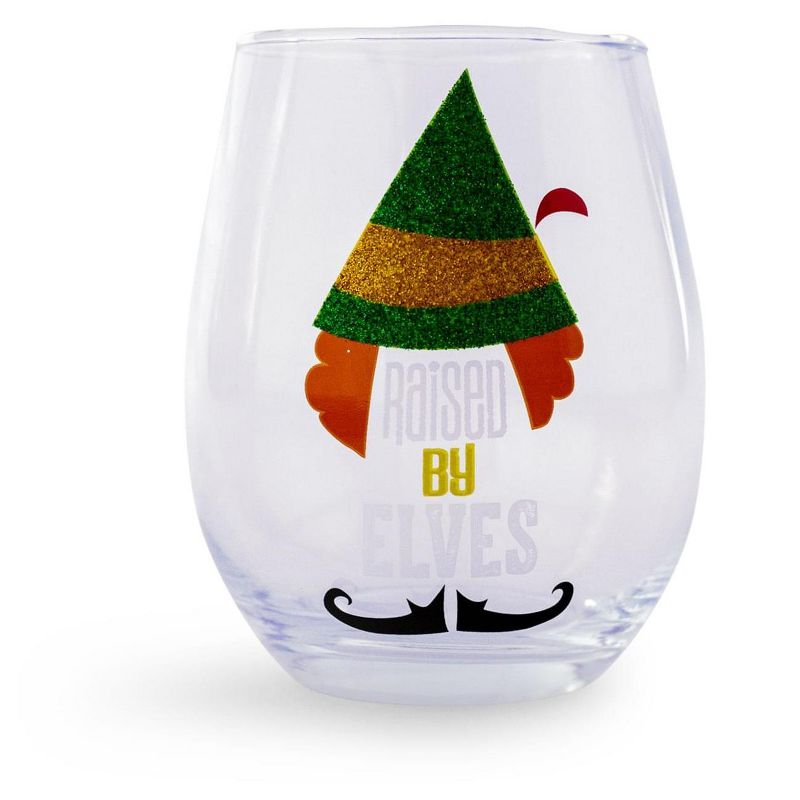 Silver Buffalo Buddy the Elf "Raised By Elves" Stemless Glitter Glass | Holds 20 Ounces