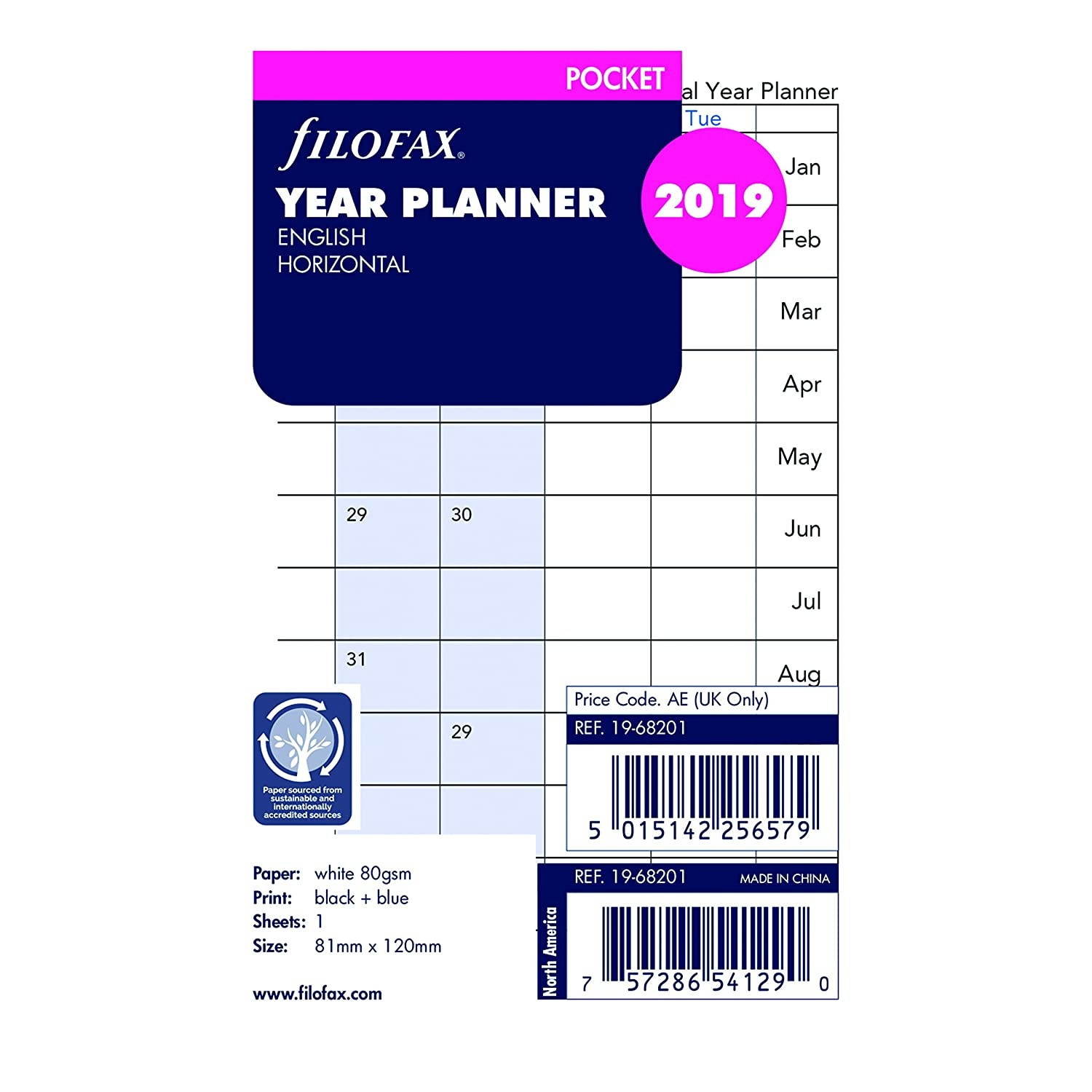 Filofax 2019 Pocket Horizontal Planner Refill, Jan 2019 - Dec 2019, 4.75 x 3.25 inches (C68201-19)