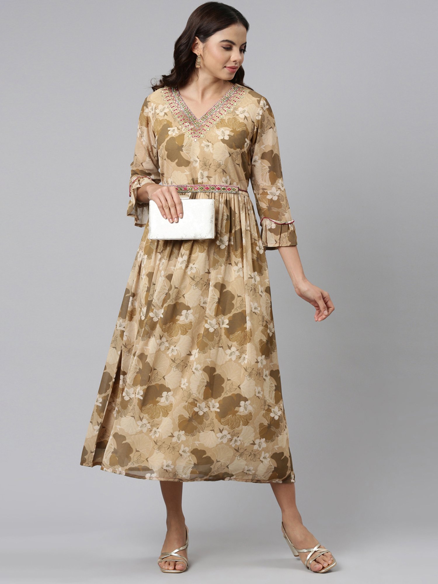 Neerus Beige Floral Print A-Line Dress