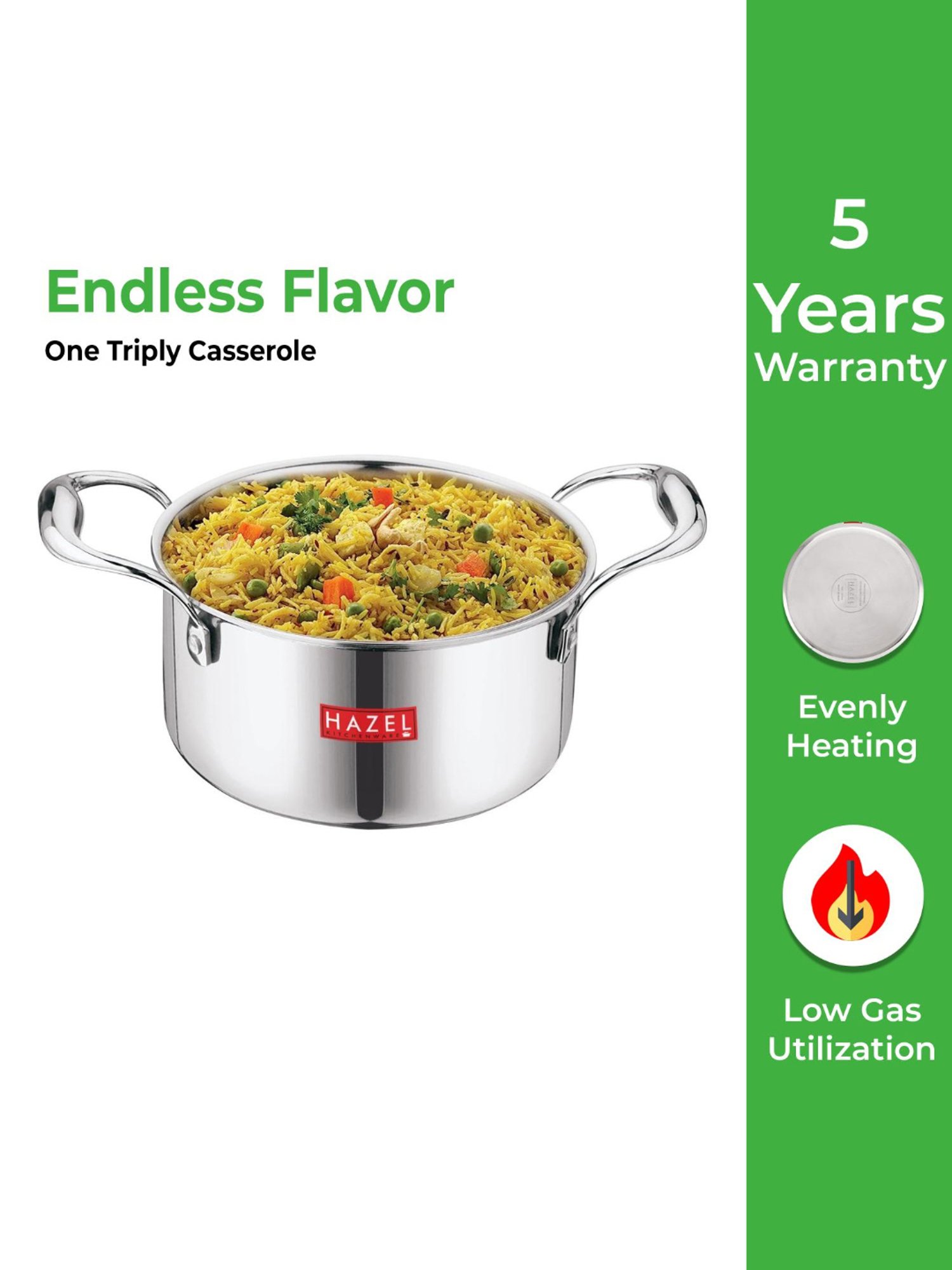 HAZEL Triply Stainless Steel Induction Bottom Tope with Handle, 4.6 Litre, 22.5 cm