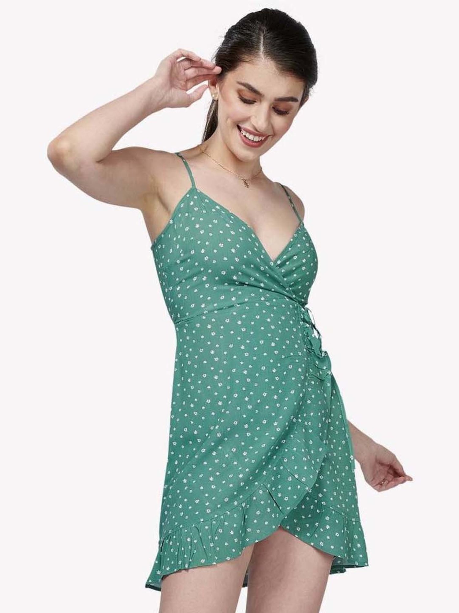 VASTRADO Green Floral Print A-Line Wrap Dress