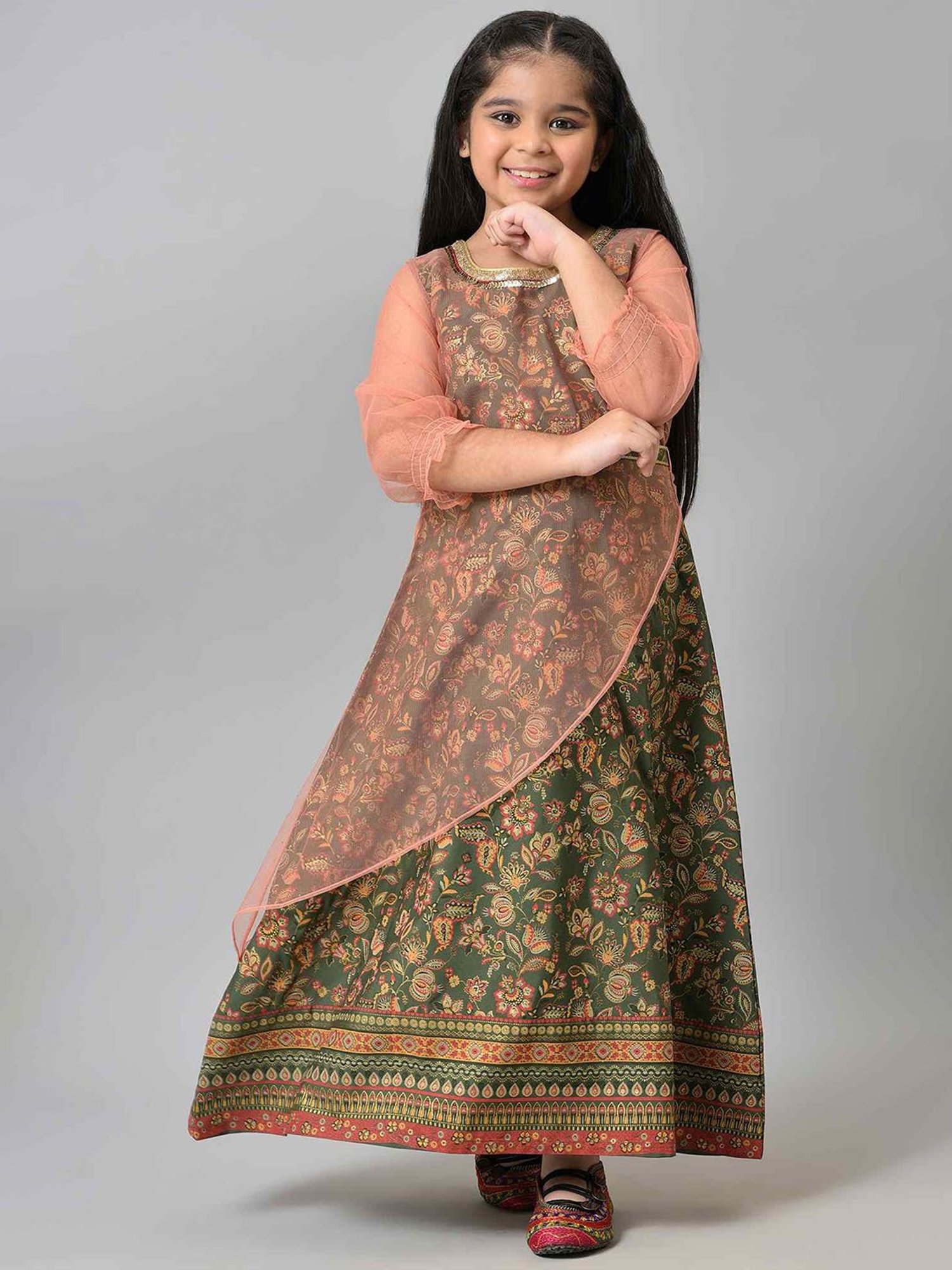 Aurelia Kids Green & Peach Floral Print Dress