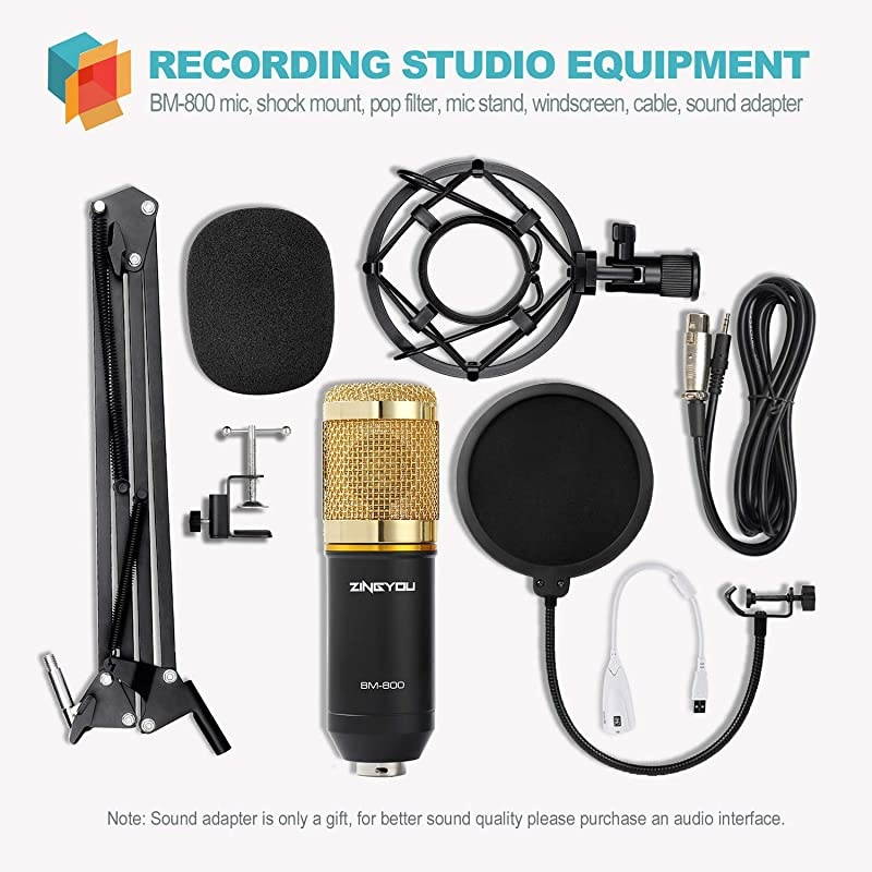 Condenser Microphone Bundle BM800 Mic Kit with Adjustable Mic Suspension Scissor Arm Metal Shock Mount and DoubleLayer Pop Filter for Studio Recording Broadcasting Gold