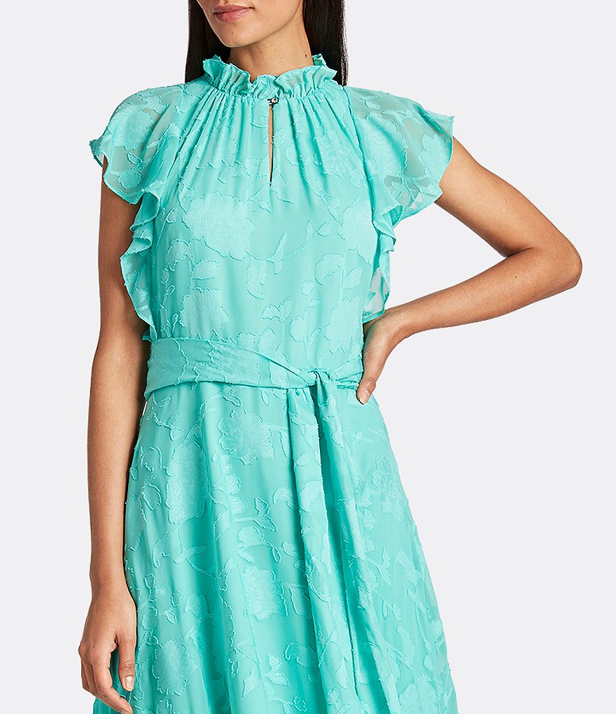 Tahari ASL Ruffle Cap Sleeve Keyhole Neck Tie Waist Floral Clip Chiffon A-Line Dress