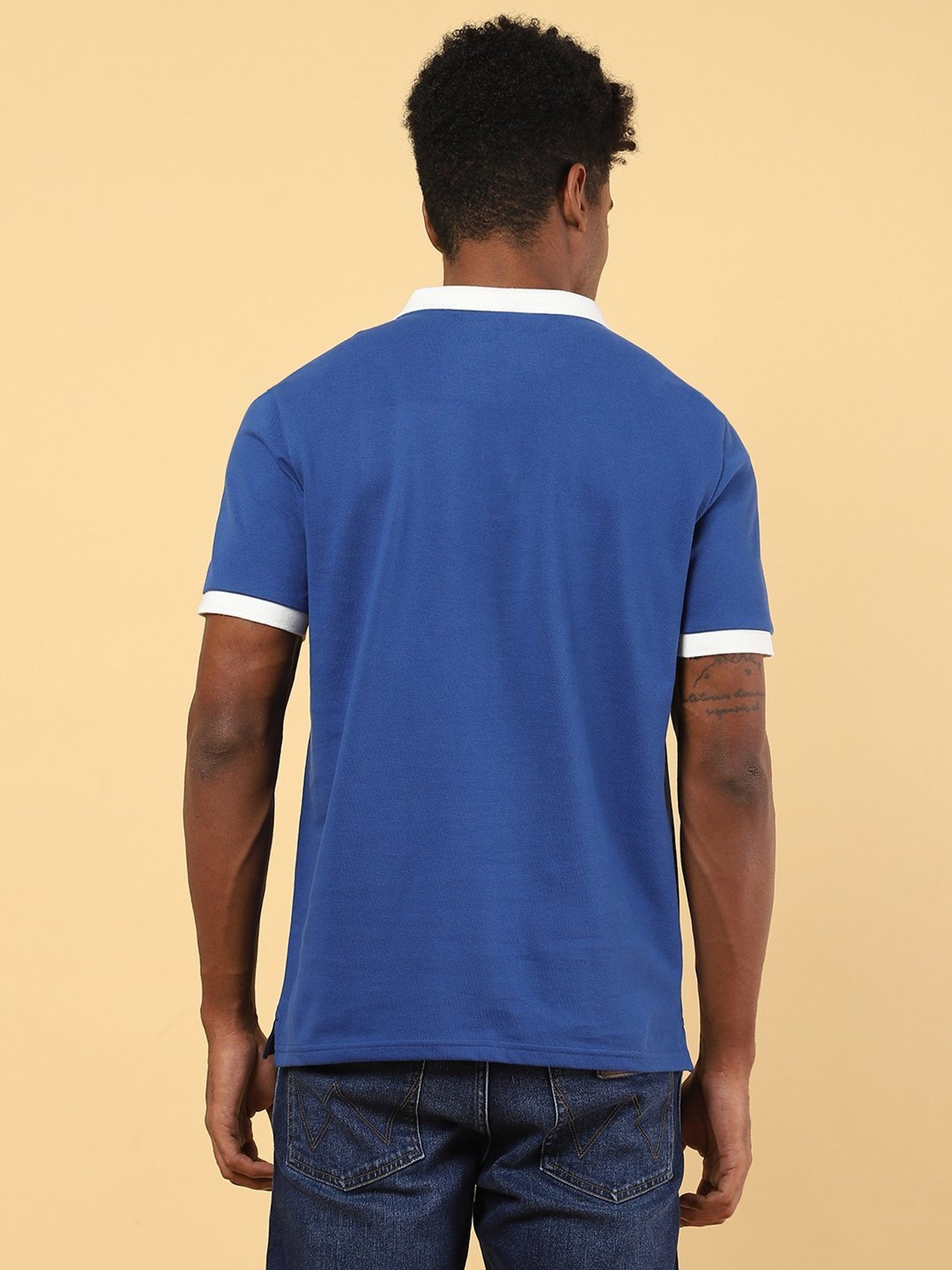 Wrangler Blue Cotton Regular Fit Colour Block Polo T-Shirt