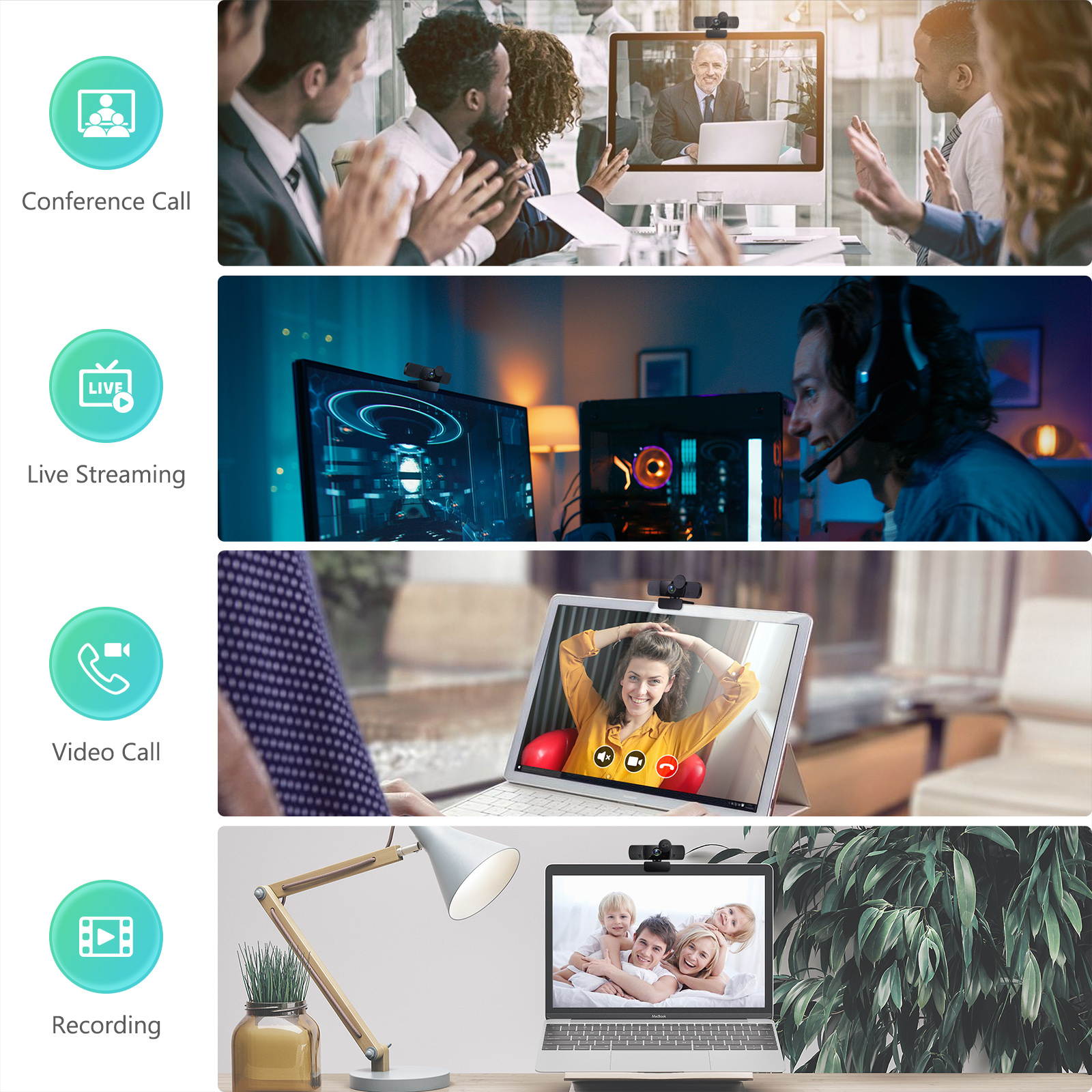 Portholic Webcam with Microphone, 1080P Full HD Computer Camera for PC with Cover, Expandable Tripod, USB Web Camera with Cover for Video Calls, Streaming, Skype, Zoom, Teleconference