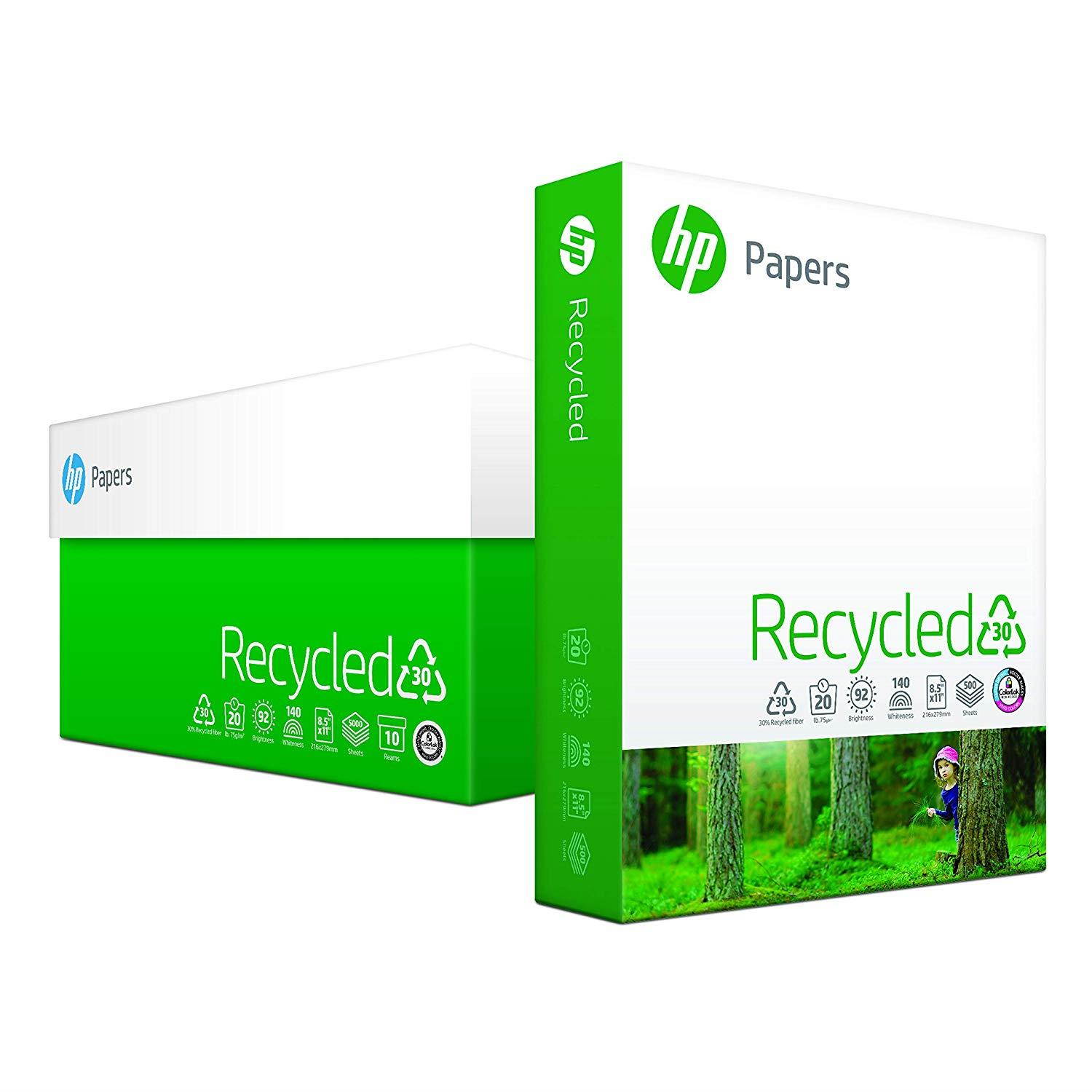 HP Printer Paper, Recycled 30% Paper, 8.5 x 11, Letter Size, 20lb, 92 Bright,  10 Ream Case / 5,000 Sheets (112100C) Acid Free Paper
