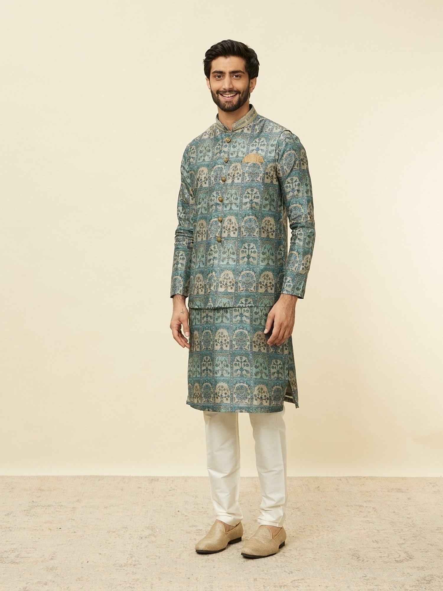 Manyavar Green Regular Fit Printed Nehru Jacket