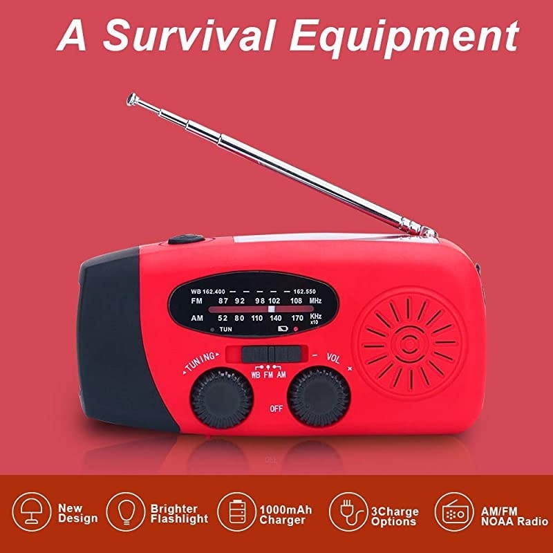 Emergency Solar Weather Radio Hurricane Supplies Earthquake Kit Hand Crank Self Powered AM/FM/WB NOAA Wind up Survival Radios LED Flashlight 1000mAh Power Bank for iPhone Smart Phone (Red)