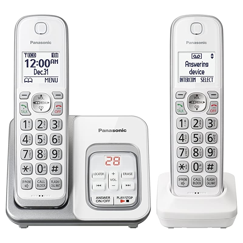 DECT 6.0 Expandable Cordless Phone with Answering Machine and Smart Call Block - 2 Cordless Handsets - KX-TGD532W (White/Silver)