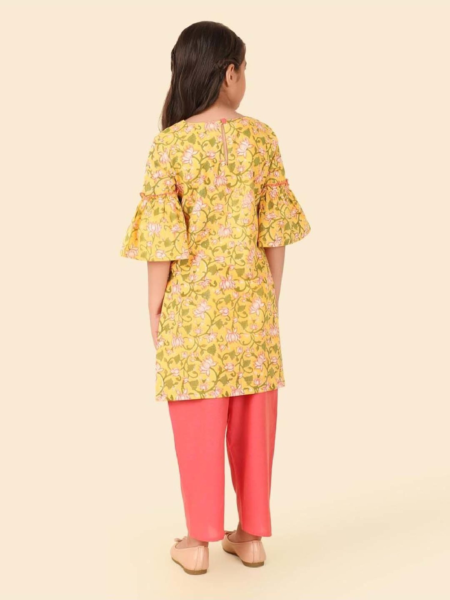 Fabindia Girls Yellow & Pink Cotton Printed Salwar Set