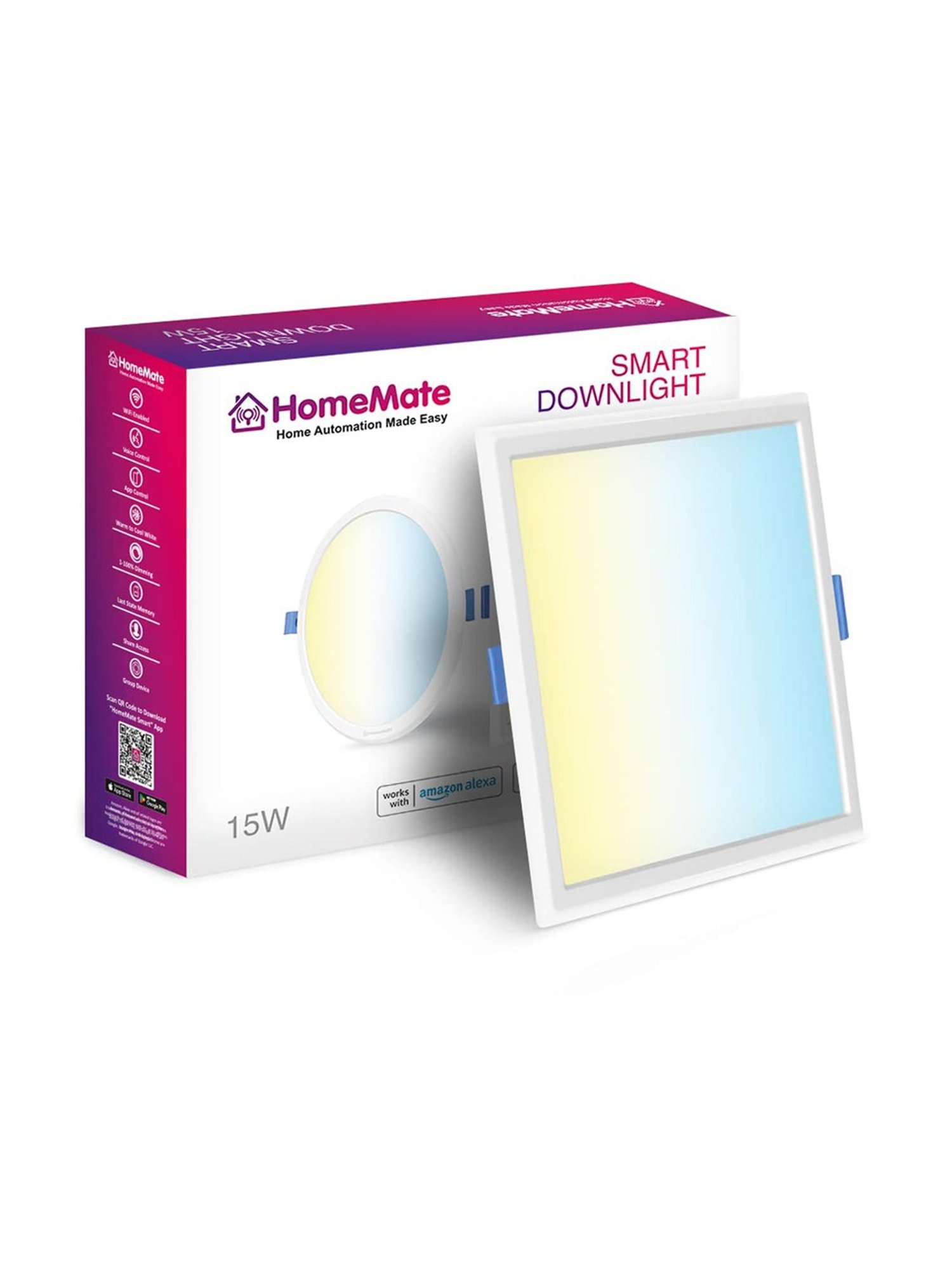 HomeMate 15 Watt WiFi+BLE CCT Smart LED Square Downlight Shades of White from Warm to Cool White