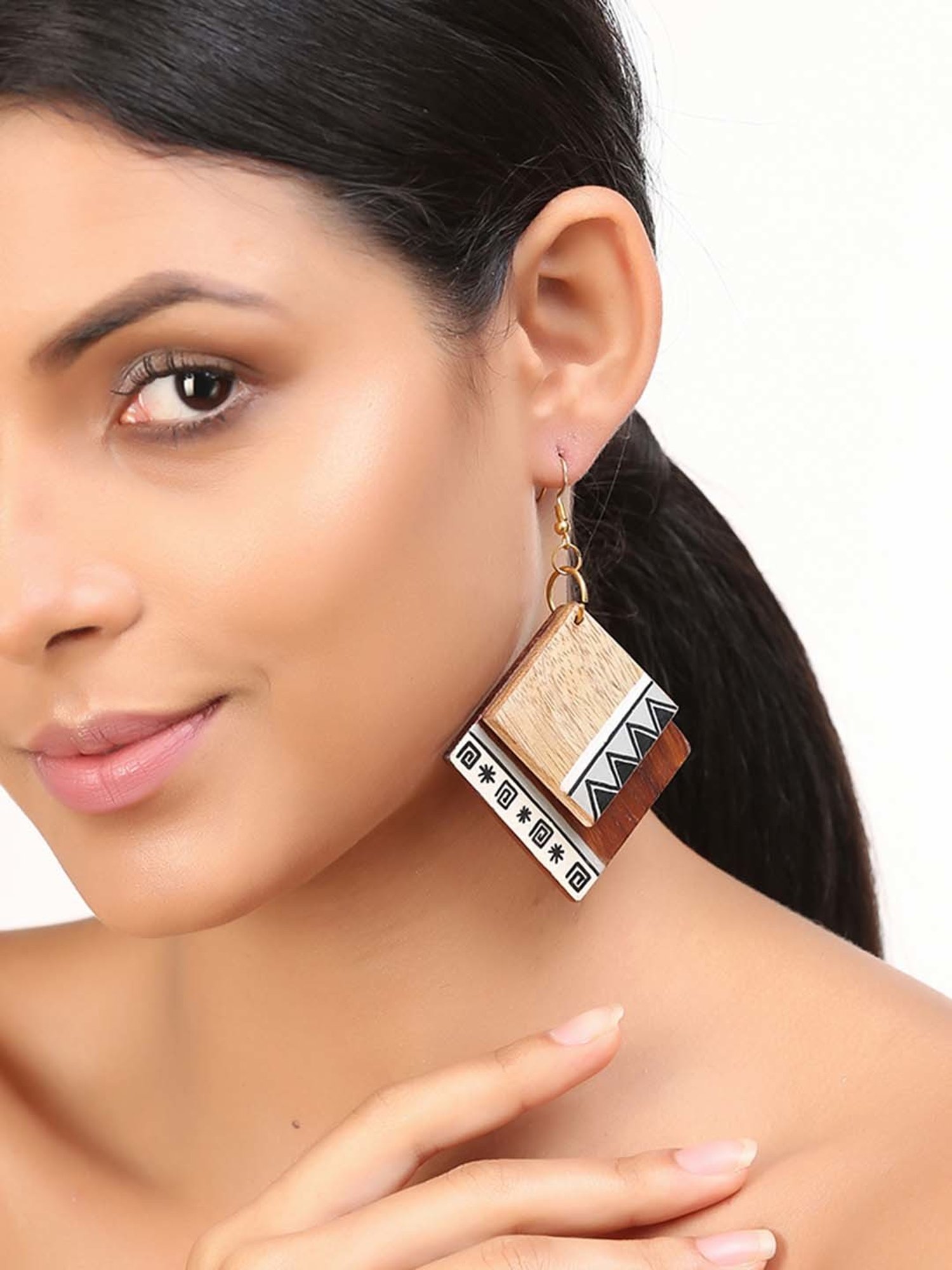 ExclusiveLane Brown & Beige Earrings Handpainted in Aztec Pattern (Sheesham Wood)