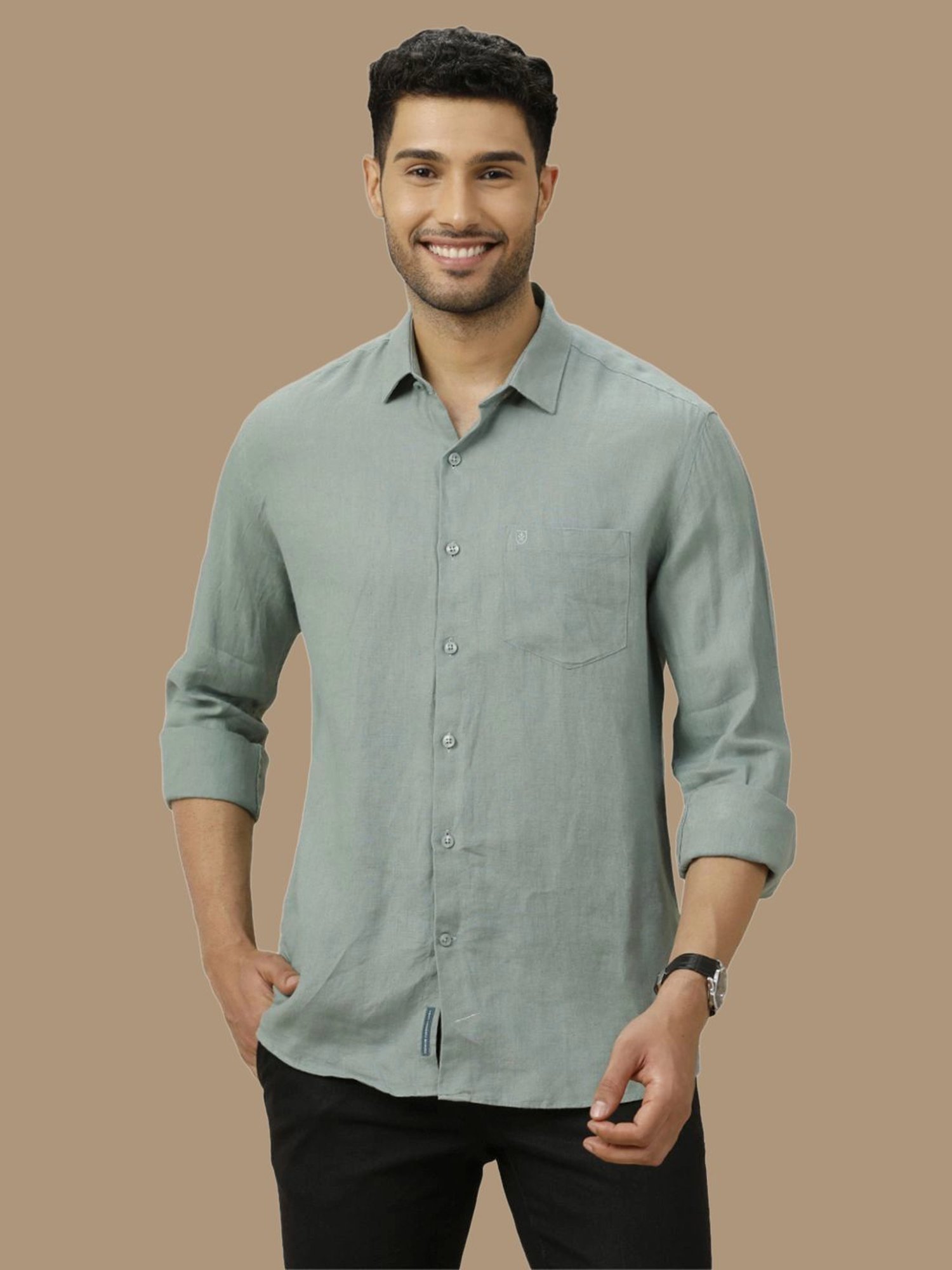 Linen Club Green Linen Contemporary Fit Shirt