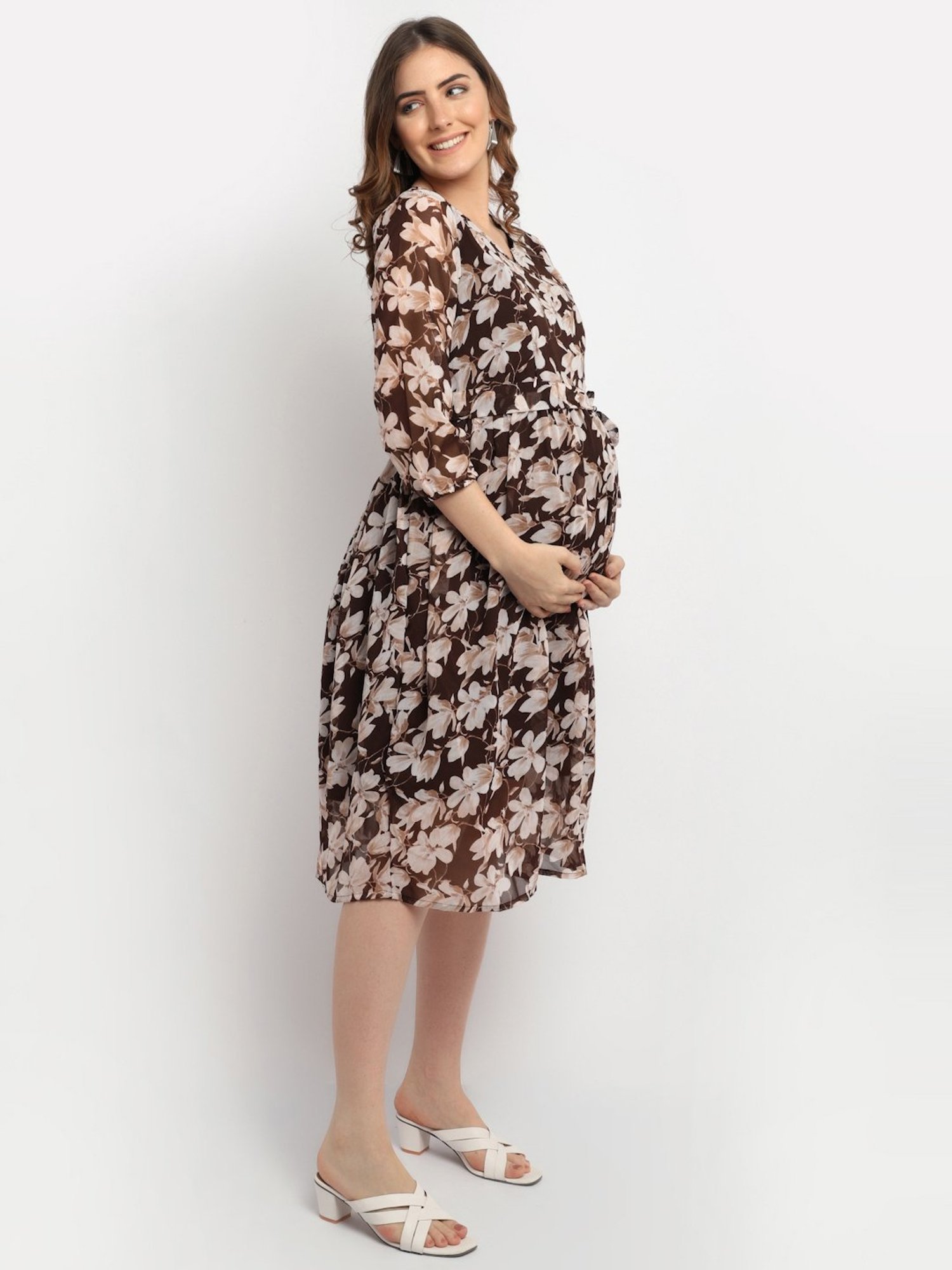 Moms Maternity Brown Printed Dress