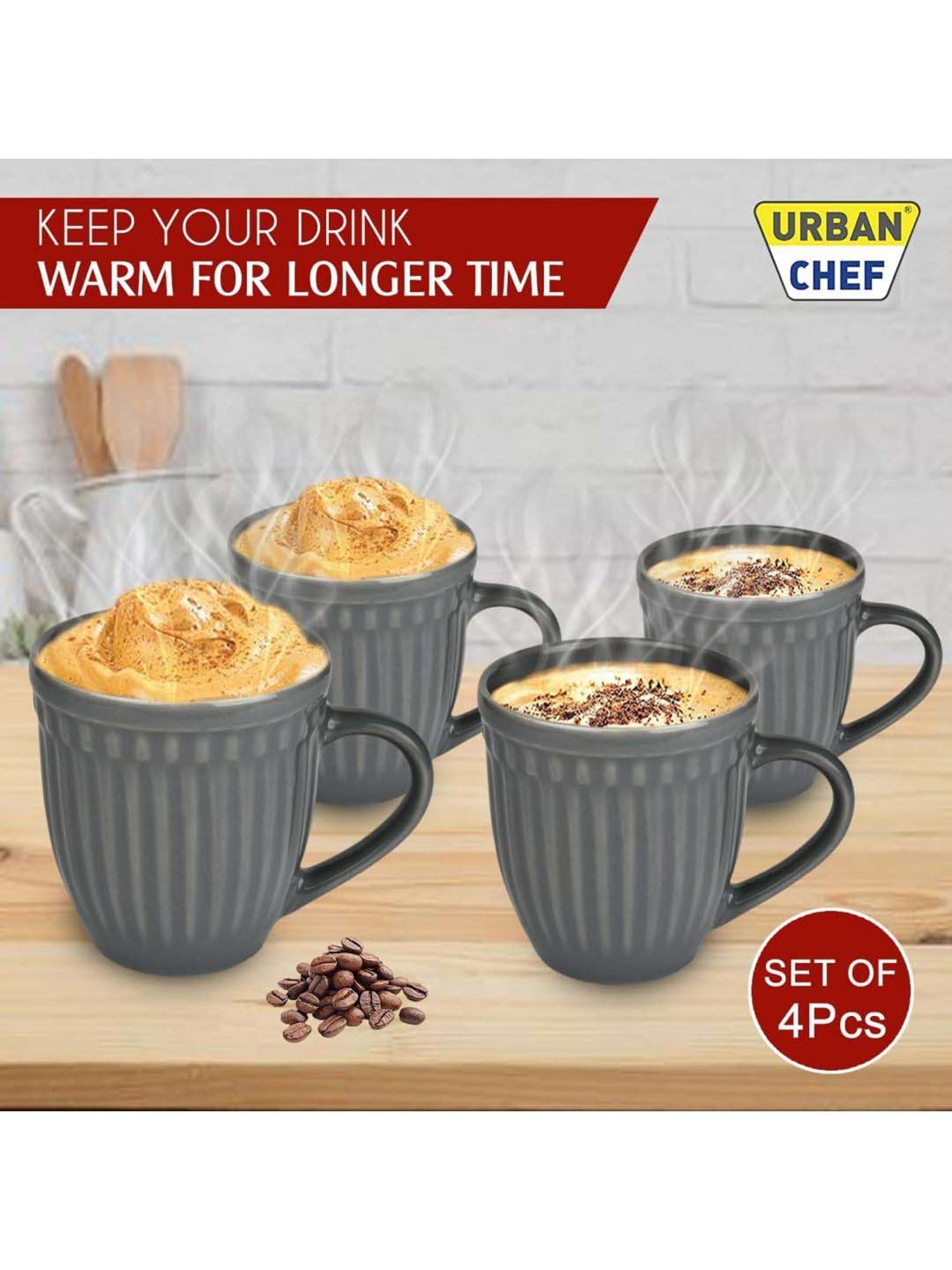 Urban Chef Grey Ceramic Handcrafted Microwave Safe Tea Cup - Set of 4