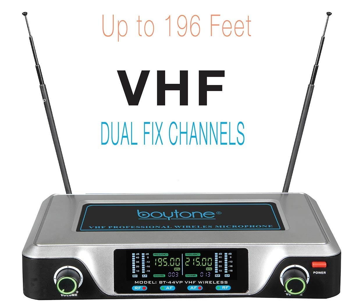 Boytone BT-44VP Dual Digital Channel Wireless Microphone plus Headset Mic Set System - VHF Fixed Frequency Wireless Mic