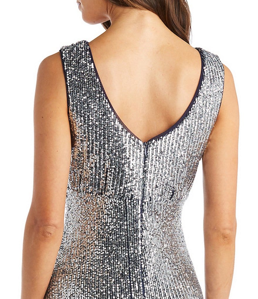 R & M Richards Illusion Neck Sleeveless Ombre Sequin Godet Gown